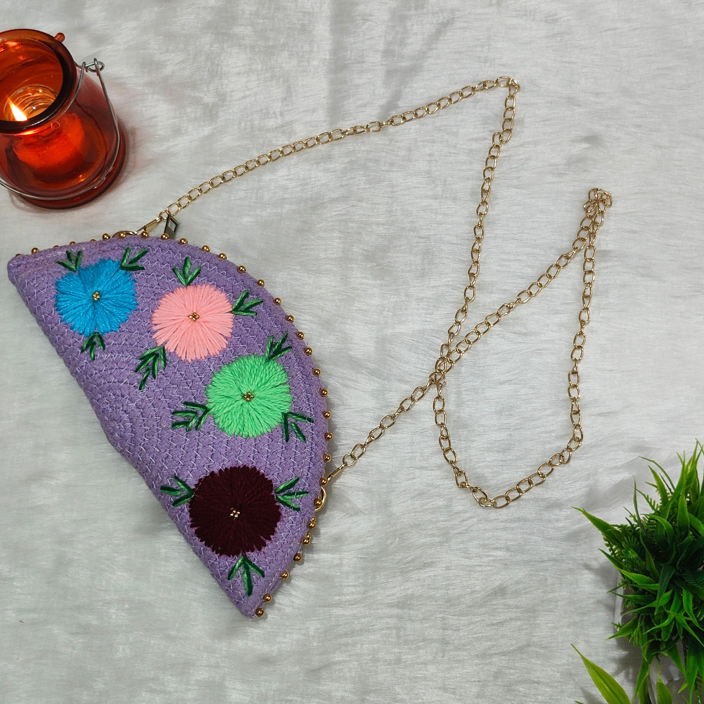 Embroidered Clutch Bag - Purple