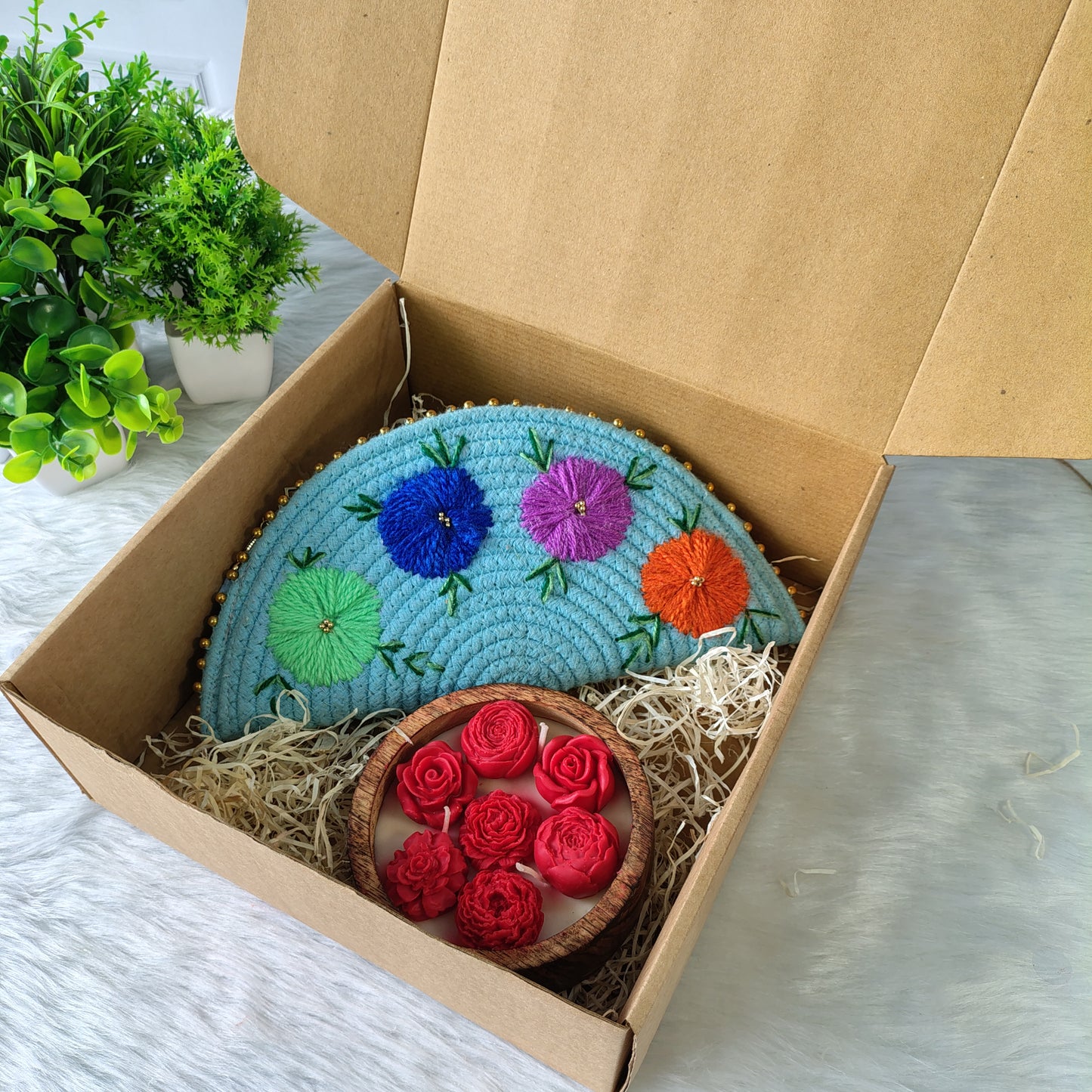 Eco-Luxury Gift Combo – Handcrafted Clutch & Rose Blossom Candle
