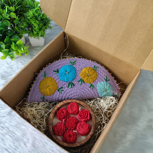 Eco-Luxury Gift Combo – Handcrafted Clutch & Rose Blossom Candle